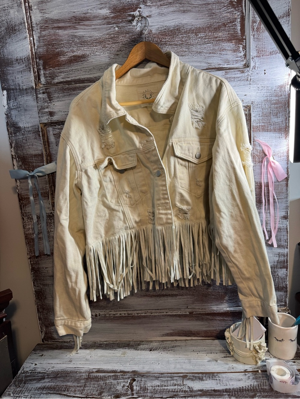 Fantastic Fawn Cream Fringed Distressed Jean Jacket